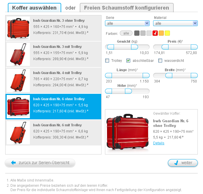 Koffer-Schaumstoff-Konfigurator - Koffer auswählen