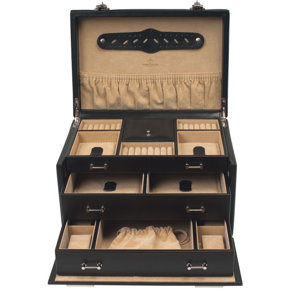 Windrose Ambiance Schmuckkoffer für 4 Uhren aus Echtholz mit Leder schwarz